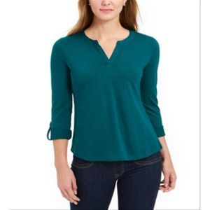 Charter Club Women's Supima Cotton Split Neck Top Green Size Petite Medium